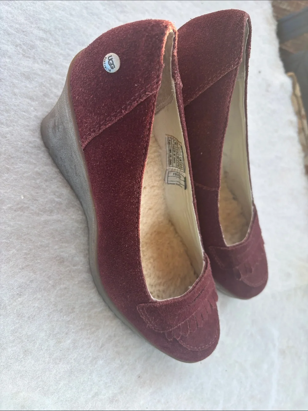 UGG Women's Burgundy Suede Wedge Loafers with Shearling